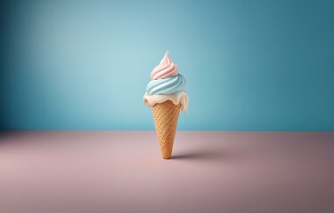 Poster - Melting ice cream cone with pink and blue swirls sits on a pink surface in front of a blue background.