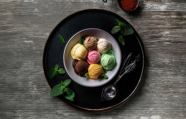Aufkleber - A bowl of assorted ice cream scoops on a black plate, garnished with fresh mint leaves.