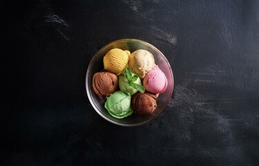 Poster - A glass bowl filled with six colorful ice cream scoops, garnished with fresh mint leaves on a dark background.
