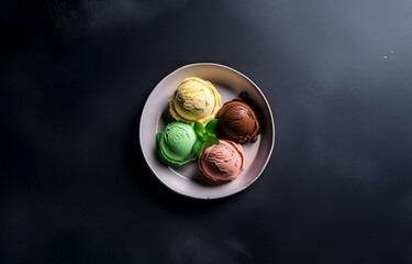 Poster - Four scoops of ice cream on a white plate, with a sprig of mint.