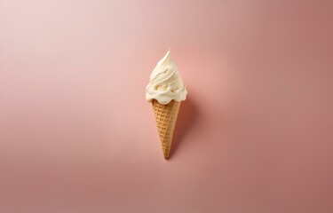 Poster - A single scoop of vanilla ice cream melting in a waffle cone on a pink background.