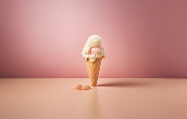 Poster - A single ice cream cone with two scoops of ice cream, one vanilla and one pink, sits on a pink surface with a pink backdrop.  It is melting.