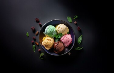 Aufkleber - Four scoops of ice cream on a blue plate with mint leaves and berries surrounding it.