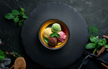 Aufkleber - A bowl of ice cream with four scoops: yellow, green, pink, and brown, decorated with a sprig of mint and set on a slate platter with fresh mint leaves.