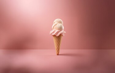 Poster - Ice cream cone with pink and white scoops, standing on a pink background.