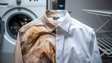 dirty stained shirt and clean white crisp shirt comparison one beside the other.