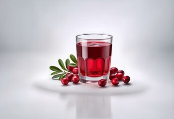 Poster - A glass of cranberry juice sits on a white surface, surrounded by fresh cranberries and green leaves.