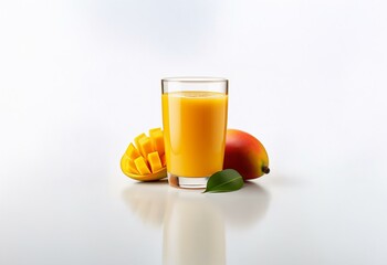 Aufkleber - A glass of mango juice sits on a white surface with a whole mango and a slice of mango next to it.