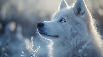 Wall Mural - A white Siberian husky with piercing blue eyes looks up into the distance, its fur glowing in the sunlight.