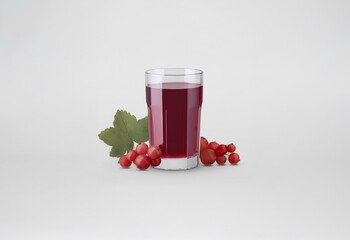 Poster - A glass of red juice sits on a white surface next to a sprig of red berries and a green leaf.