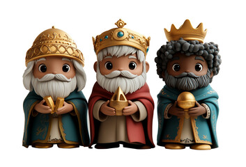 Three wise men in 3d cartoon style celebrating epiphany with gifts , png isolated on transparent. 