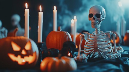 Halloween scene with pumpkins, candles, and a skeleton, creating a spooky atmosphere perfect for festive decorations.