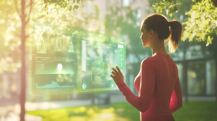 Woman interacting with holographic health display outdoors.