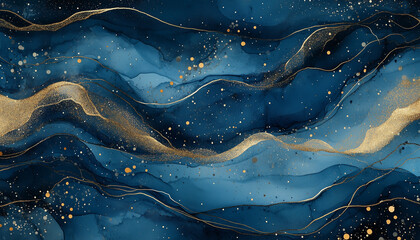 Elegant Blue and Gold Abstract Fluid Art with Metallic Waves and Flowing Lines