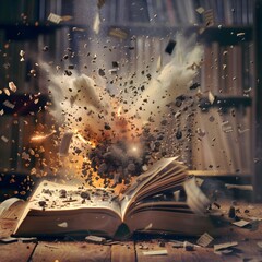 Poster - Explosive Eruption of Pages and Letters Bursting from Concealed Book Concept