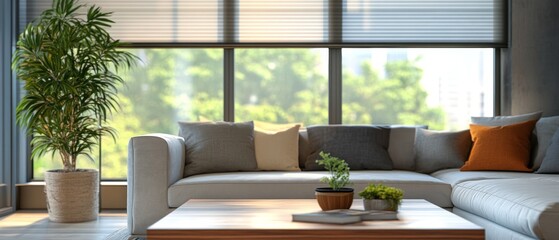 A beautifully styled living room showcasing elegant roller blinds, contemporary decor, and an inviting lush green view that creates an ideal atmosphere for ultimate comfort and relaxation