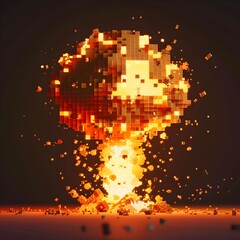 Poster - Pixelated 8 Bit Bomb Explosion from Retro Video Game with Fiery Debris and Shockwave