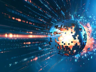 Poster - Futuristic Digital Bomb Exploding into Glowing Data Streams and Binary Code Network
