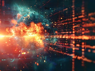 Poster - Futuristic Digital Bomb Exploding Into Glowing Data Streams and Binary Code Network