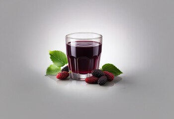 Poster - A glass of dark purple juice sits on a grey surface next to several ripe mulberries and a green leaf.