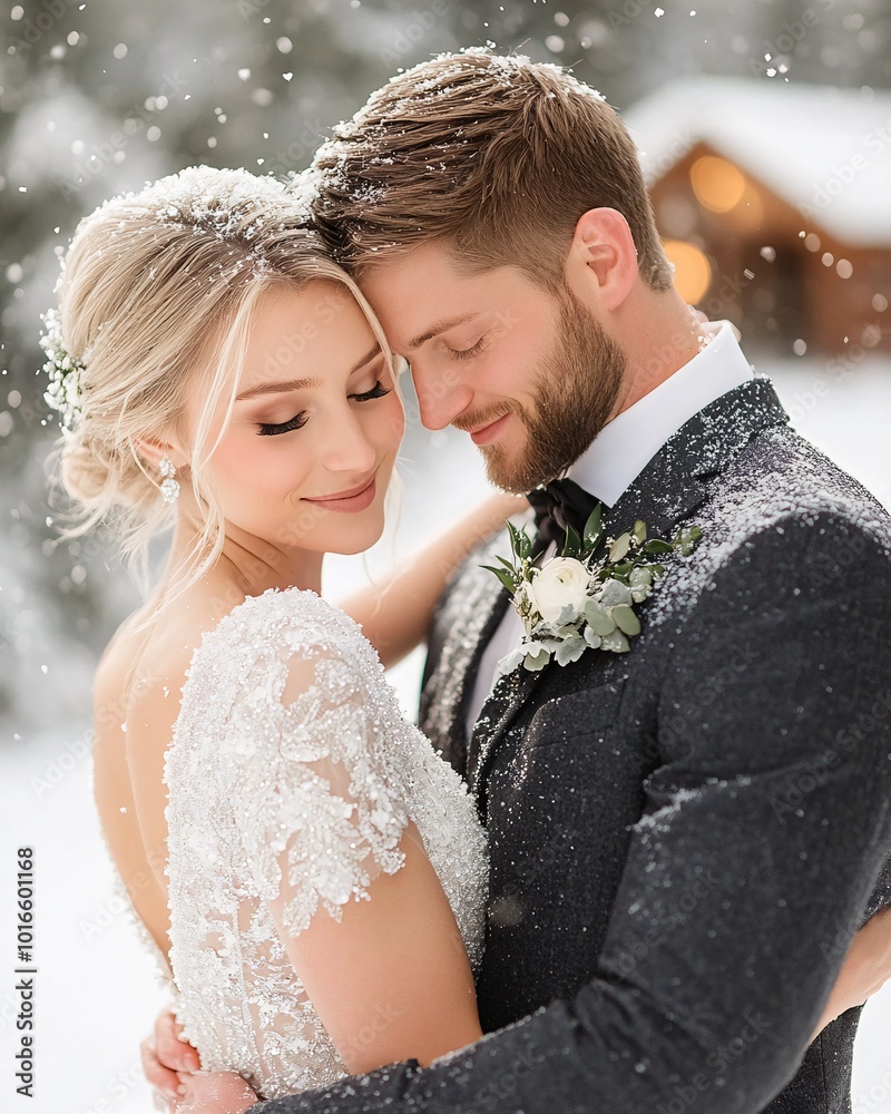 Romantic Winter Wedding Couple Embracing in Snowy Enchanted Forest ...
