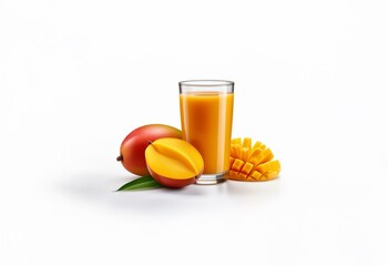 Aufkleber - A glass of mango juice sits next to a whole mango and a mango cut into pieces.