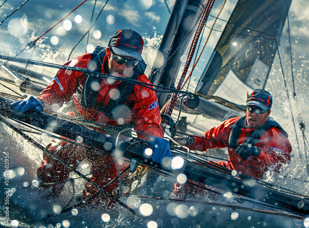 An extreme sports photo of team racing on catamaran, captain and crew ...