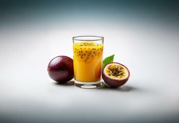 Poster - A glass of passion fruit juice sits next to a whole passion fruit and a half.