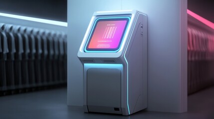 Poster - A modern, sleek kiosk with a vibrant touchscreen display, positioned in a stylish environment with futuristic lighting.