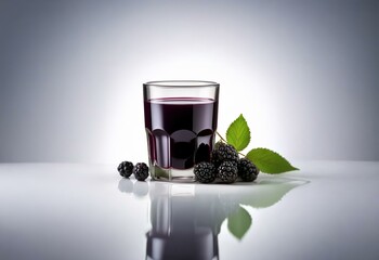 Poster - A glass of dark purple juice sits on a white surface with a few blackberries and green leaves nearby.