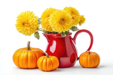 Poster - A bright red ceramic pitcher is filled with vibrant yellow flowers and sits next to small pumpkins on a rustic table.