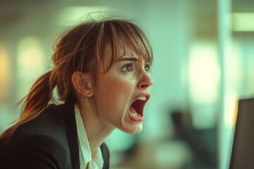 Aufkleber - A woman's reaction to something on her computer, possibly unexpected or disturbing.