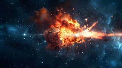 Poster - Powerful Cosmic Explosion in the Void of Space with Scattered Debris and Luminous Blast