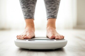 Poster - A woman stands on a bathroom scale, weighing herself.