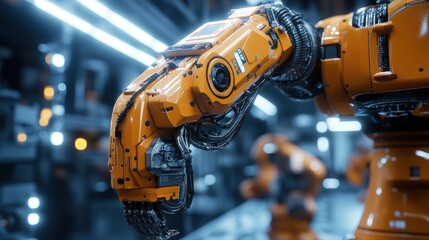 Poster - A close-up of an industrial robotic arm in a high-tech environment.
