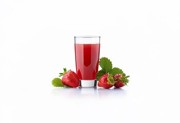 Poster - A tall glass of red juice sits on a white surface with two strawberries and green leaves to the right.