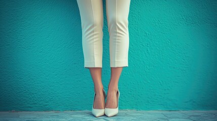 Wall Mural - Close-up of a woman's legs wearing high heels against a blue background.