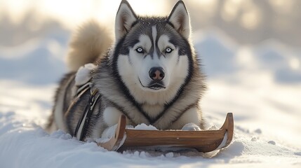 Wall Mural - A husky dog resting on a sled in a snowy winter landscape, looking directly at the camera.