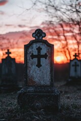 A tombstone with a cross in a cemetery.