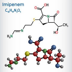 Wall Mural - Imipenem molecule. A broad-spectrum carbapenem antibiotic used to treat severe bacterial infections. Structural chemical formula, molecule model. Vector