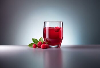 Poster - A glass of red juice with raspberries floating in it, with several fresh raspberries on a table.