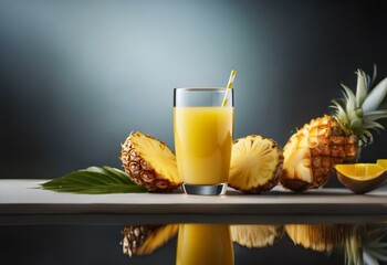 Poster - Glass of pineapple juice with sliced pineapple and green leaf on a white surface.