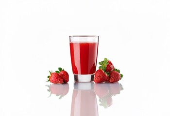 Poster - A glass of red juice sits in the center, flanked by fresh strawberries on a white surface.