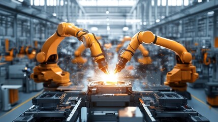 Poster - Industrial robots welding components in a factory setting, showcasing automation technology.