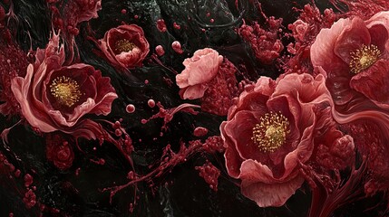 Wall Mural - Abstract Floral Art: Red and Pink Flowers in Liquid