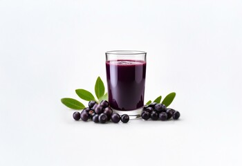 Aufkleber - A glass of purple juice with fresh berries and green leaves on a white background.