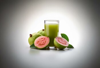 Aufkleber - A glass of green guava juice with whole and halved guavas and leaves on a white surface.