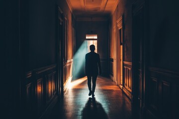Poster - A person stands in a dimly lit hallway, illuminated by light from outside through the window.