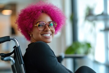 Wall Mural - A woman with bright pink hair and glasses sitting comfortably in a chair.