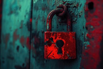 Poster - A red padlock sits atop a rusty door, conveying a sense of security and secrecy.